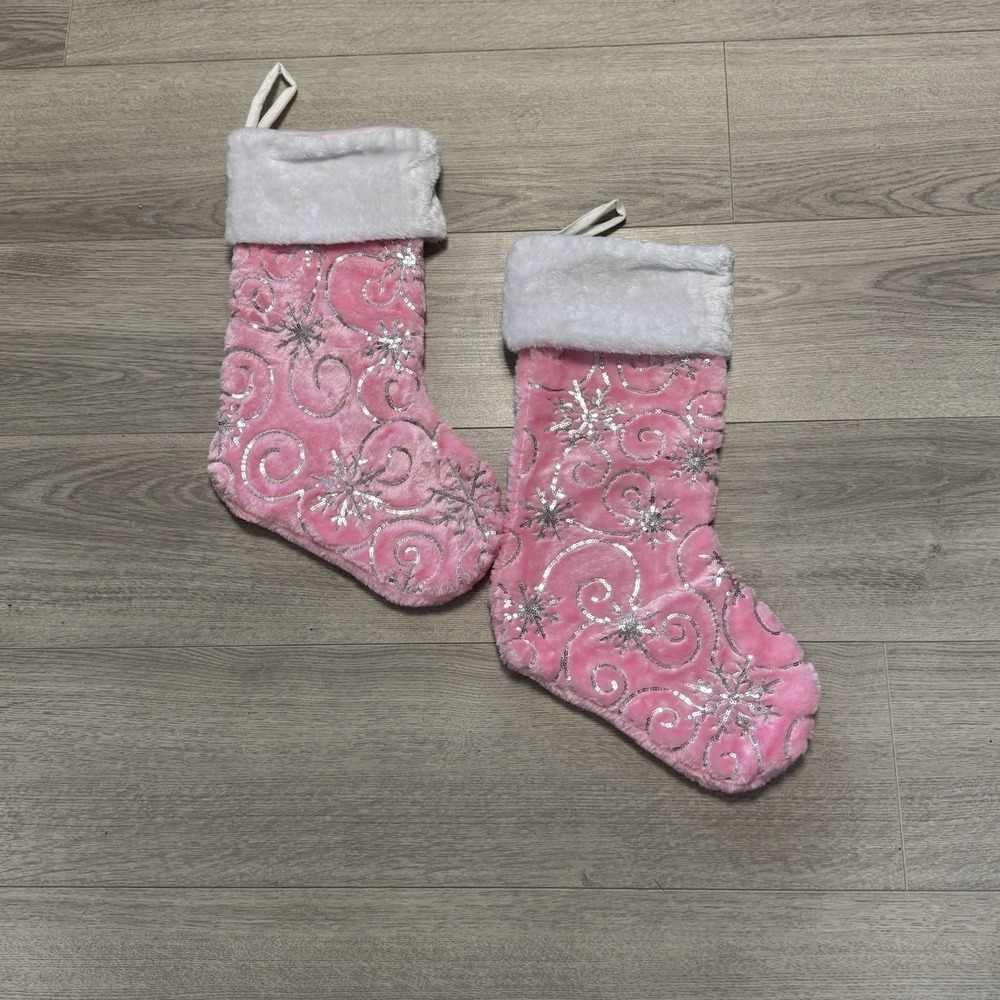 Pink Christmas Stocking Set Of 2 Snowflake Sparkles 18" Twinkle